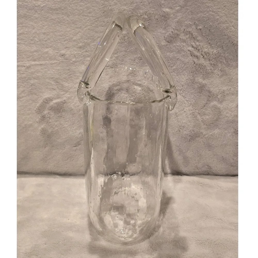Hand Blown Clear Seeded Glass Purse Vase Handbag Tote Decorative Art Glass